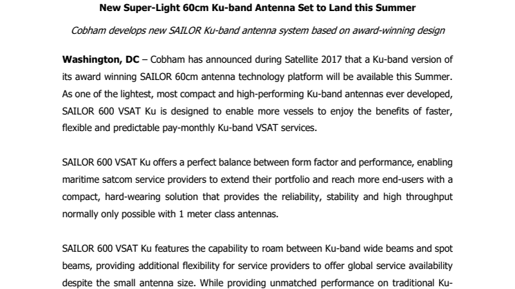 Cobham SATCOM - Satellite 2017: New Super-Light 60cm Ku-band Antenna Set to Land this Summer