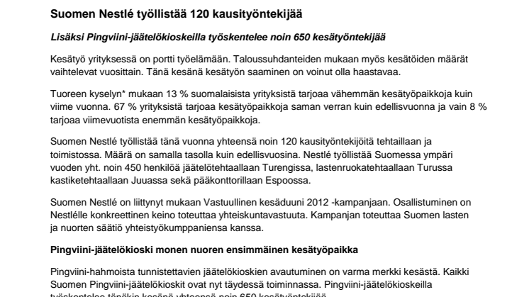 Suomen Nestlé työllistää 120 kausityöntekijää