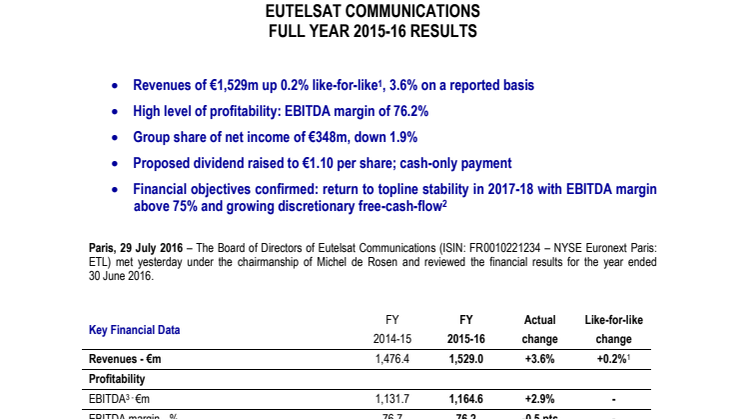 EUTELSAT COMMUNICATIONS  FULL YEAR 2015-16 RESULTS