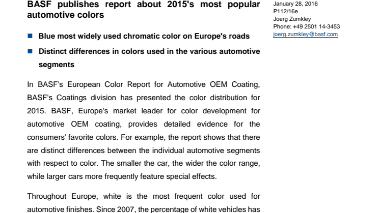 BASF offentliggør rapport om 2015’s mest populære farver inden for bilindustrien