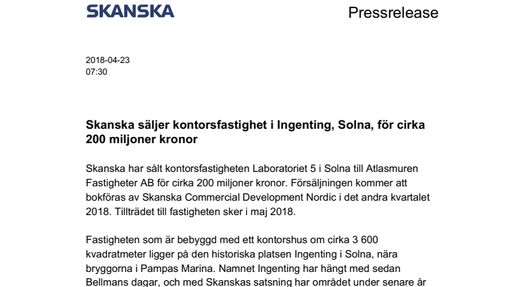 Skanska säljer kontorsfastighet i Ingenting, Solna, för cirka 200 miljoner kronor