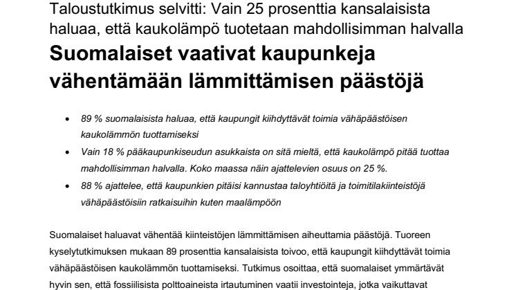Suomalaiset vaativat kaupunkeja vähentämään lämmittämisen päästöjä - Vain 25 % haluaa, että kaukolämpö tuotetaan mahdollisimman halvalla 
