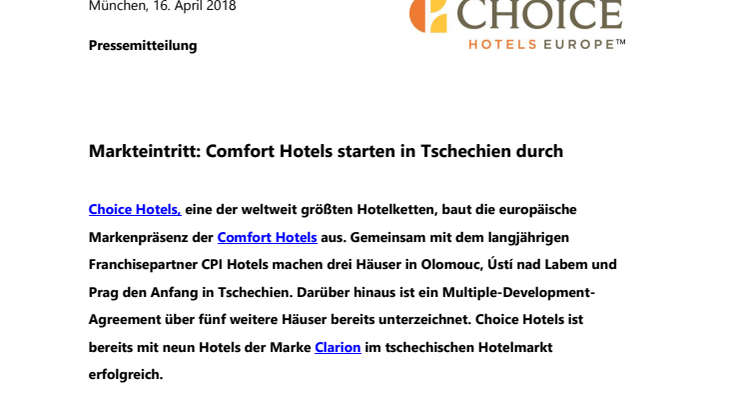 Markteintritt: Comfort Hotels starten in Tschechien durch