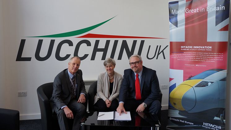 From left to right: Chris Fawdry (Lucchini), Kate Green MP; Jamie Foster (Hitachi Rail Europe)