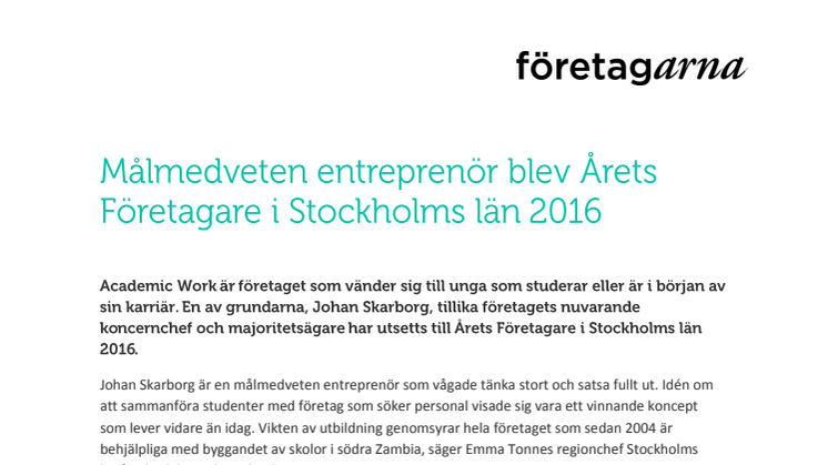Målmedveten entreprenör blev Årets Företagare i Stockholms län 2016