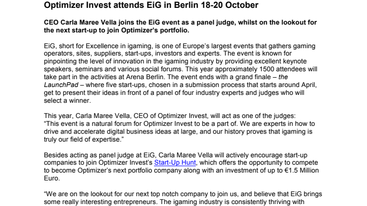 Optimizer Invest attends EiG in Berlin 18-20 October