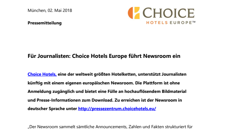 Für Journalisten: Choice Hotels Europe führt Newsroom ein