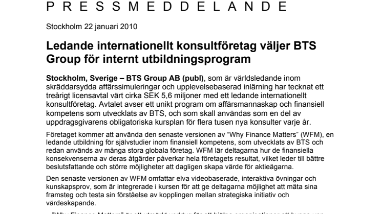 Ledande internationellt konsultföretag väljer BTS Group för internt utbildningsprogram