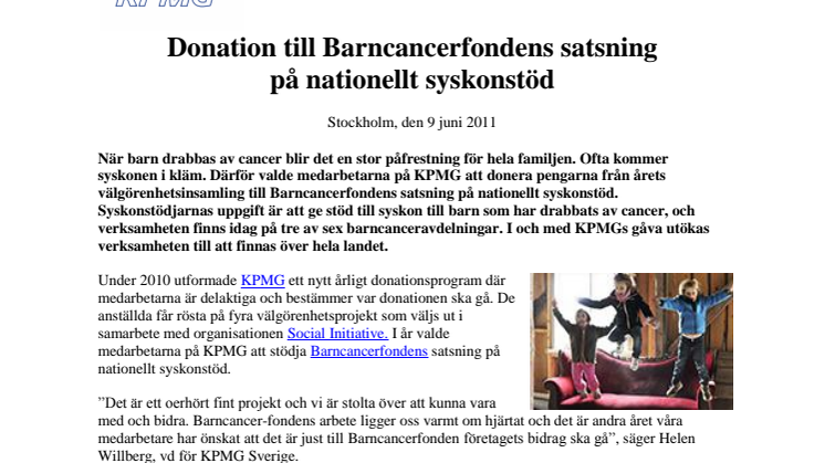 KPMG: Donation till Barncancerfondens satsning på nationellt syskonstöd