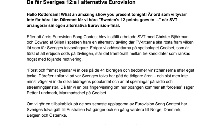 De får Sveriges 12:a i alternativa Eurovision
