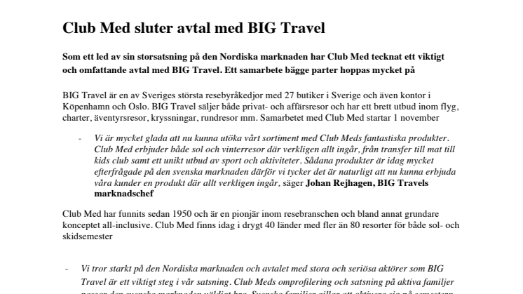 Club Med sluter avtal med BIG Travel