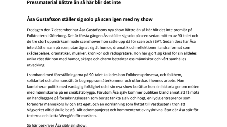 Åsa Gustafsson solo på scen igen med ny show