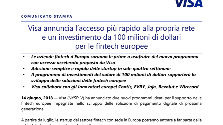 Visa annuncia l’accesso più rapido alla propria rete  e un investimento da 100 milioni di dollari per le fintech europee