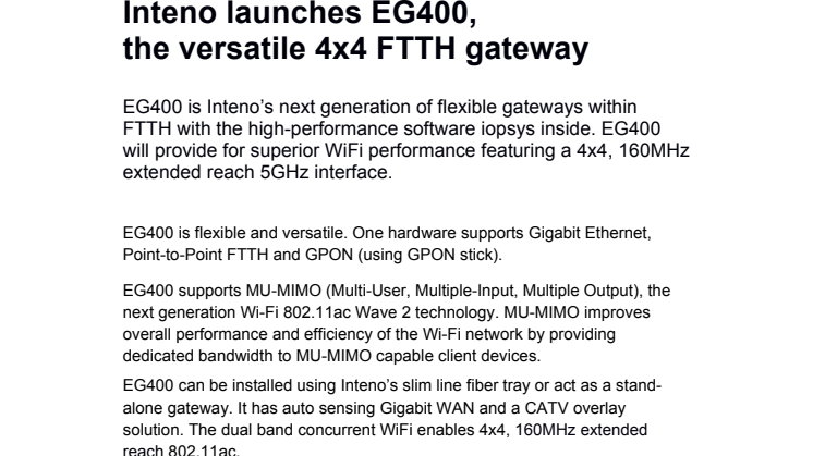 Inteno launches EG400, the versatile 4x4 FTTH gateway