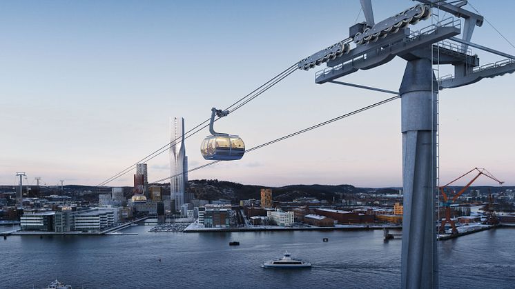 Bilden visar hur linbanan skulle kunna se ut  över Göta älv och Lindholmen med det planerade höga Karlatornet. Illustration: Tomorrow
