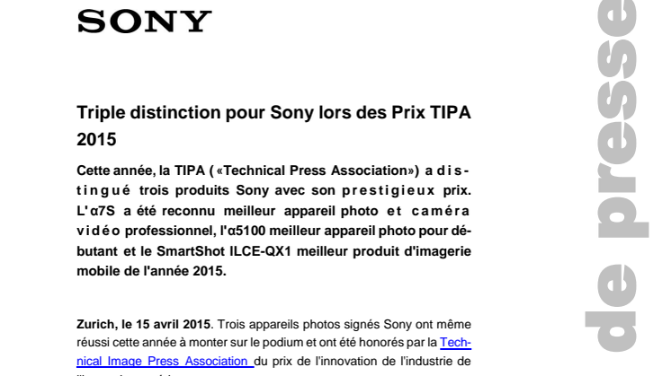 Triple distinction pour Sony lors des Prix TIPA 2015