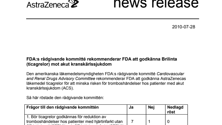 FDA:s rådgivande kommitté rekommenderar FDA att godkänna Brilinta (ticagrelor) mot akut kranskärlssjukdom