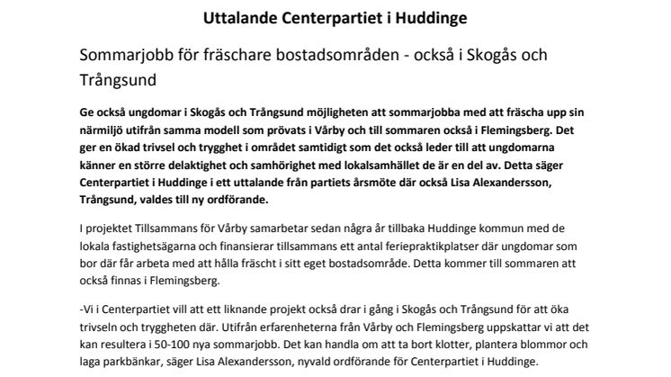 Centerpartiet: Sommarjobb för fräschare bostadsområden - också i Skogås och Trångsund