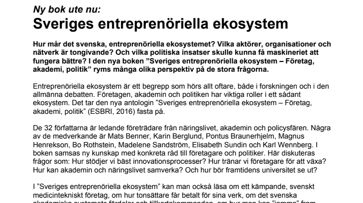 Ny bok:  Sveriges entreprenöriella ekosystem