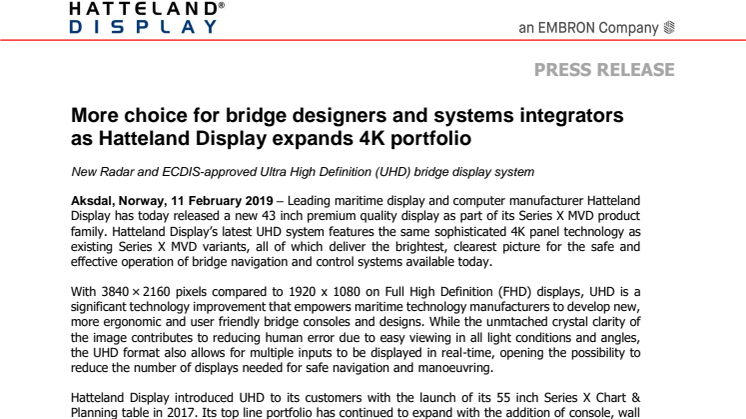 Hatteland Display: More choice for bridge designers and systems integrators as Hatteland Display expands 4K portfolio