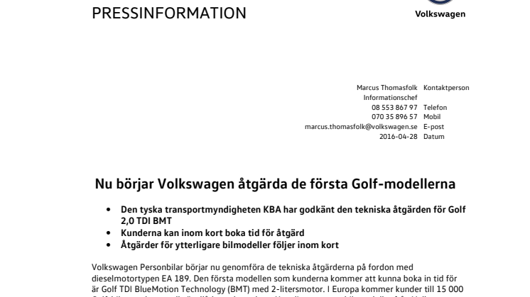 Nu börjar Volkswagen åtgärda de första Golf-modellerna