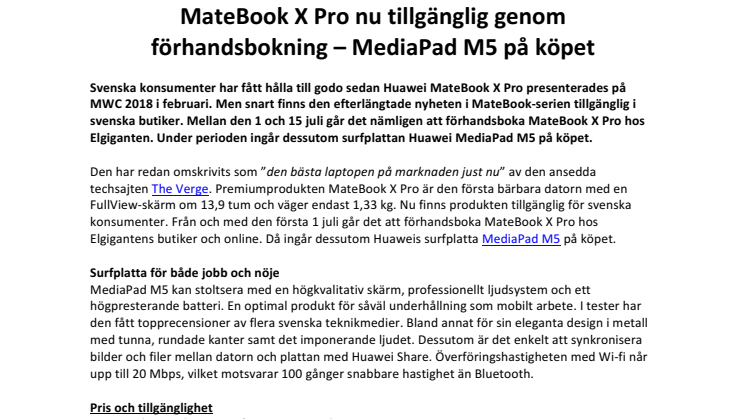 MateBook X Pro nu tillgänglig genom förhandsbokning – MediaPad M5 på köpet