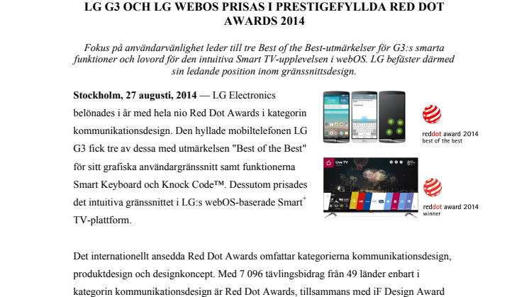 LG G3 OCH LG WEBOS PRISAS I PRESTIGEFYLLDA RED DOT AWARDS 2014