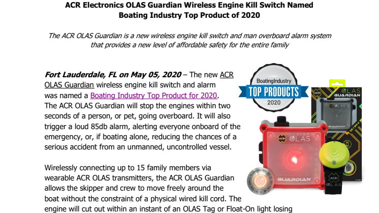 ACR Electronics OLAS Guardian Wireless Engine Kill Switch Named Boating Industry Top Product of 2020