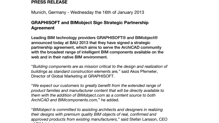 GRAPHISOFT and BIMobject Sign Strategic Partnership Agreement 