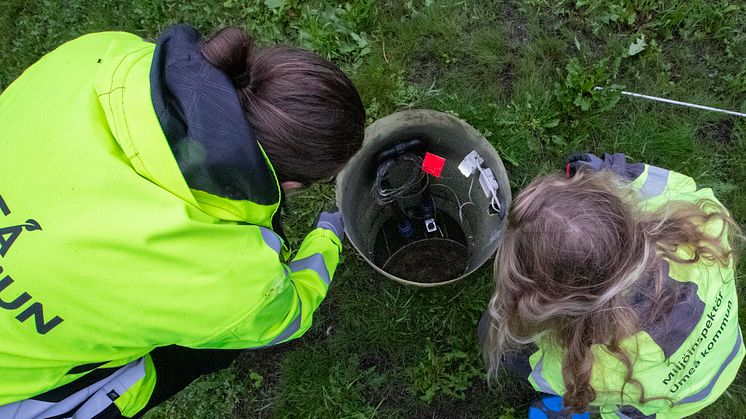 Miljöinspektörer från Umeå kommun undersöker ett avlopp under ett tillsynsbesök.