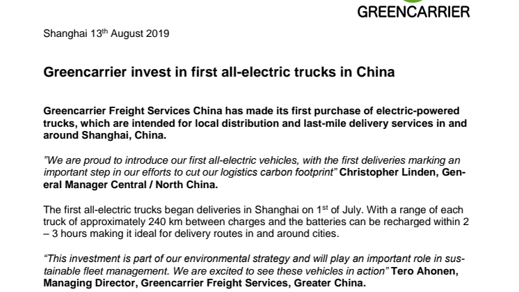 Greencarrier invest in first all-electric trucks in China