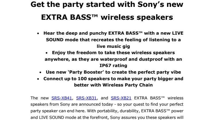 ​Festa loss med Sonys nya trådlösa EXTRA BASS™-högtalare