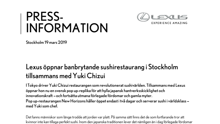 Lexus öppnar banbrytande sushirestaurang i Stockholm tillsammans med Yuki Chizui