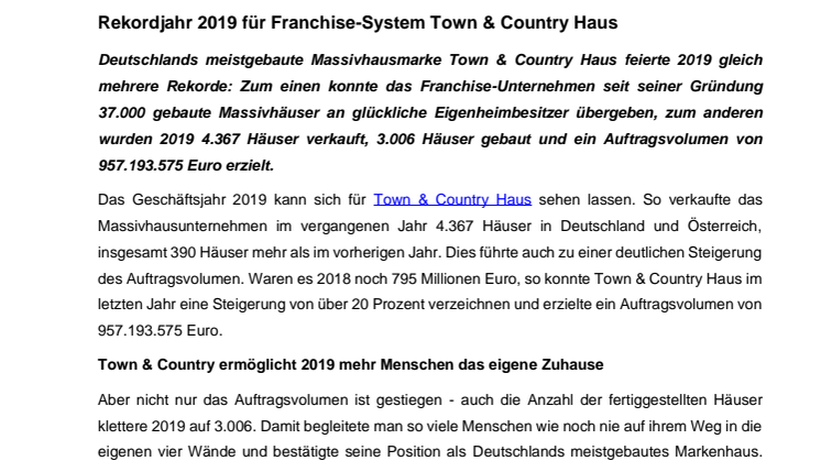 Rekordjahr 2019 für Franchise-System Town & Country Haus