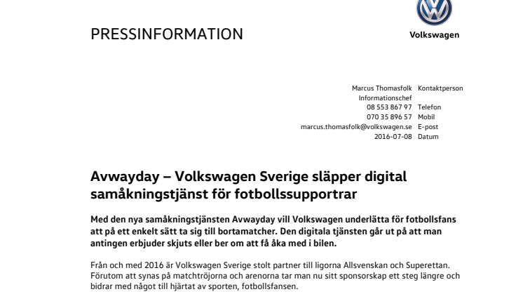 Avwayday − Volkswagen Sverige släpper digital samåkningstjänst för fotbollssupportrar