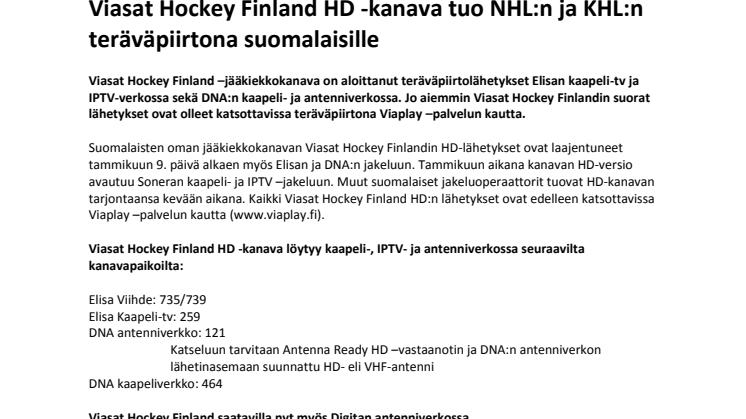 Viasat Hockey Finland HD -kanava tuo NHL:n ja KHL:n teräväpiirtona suomalaisille 