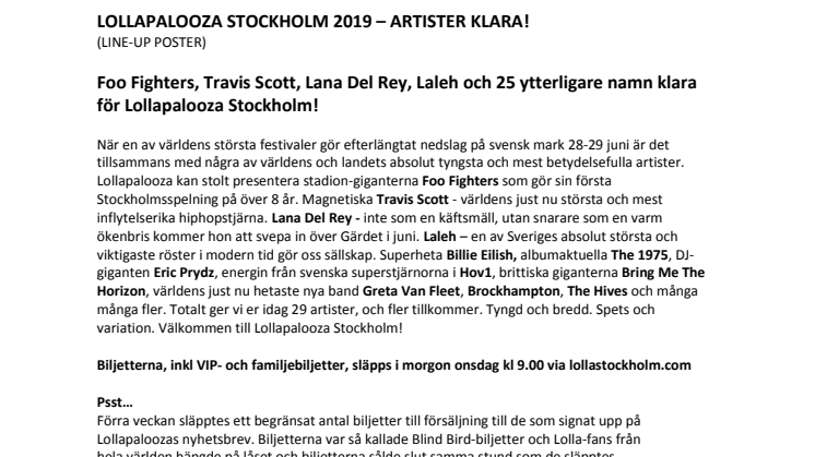 Första artisterna till Lollapalooza Stockholm släppta