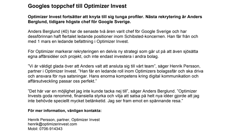 Googles toppchef till Optimizer Invest