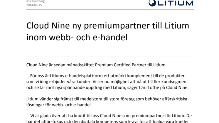 Cloud Nine ny premiumpartner till Litium inom webb- och e-handel
