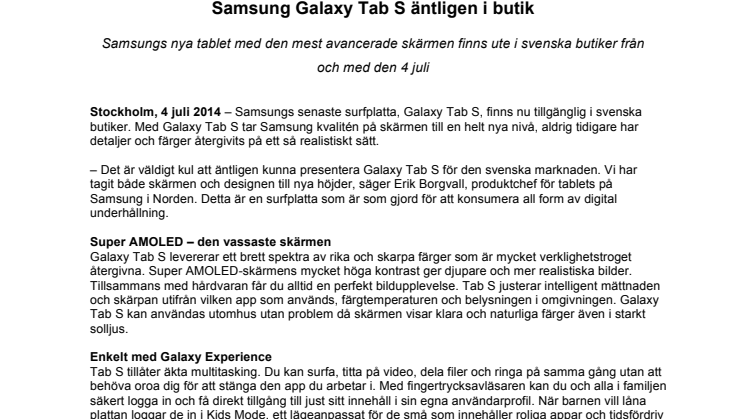 Samsung Galaxy Tab S äntligen i butik