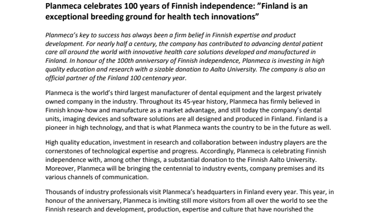 Planmeca celebrates 100 years of Finnish independence: ”Finland is an exceptional breeding ground for health tech innovations”