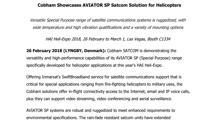 Cobham Showcases AVIATOR SP Satcom Solution for Helicopters