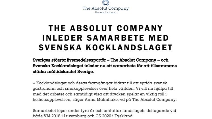 The Absolut Company inleder samarbete med Svenska Kocklandslaget