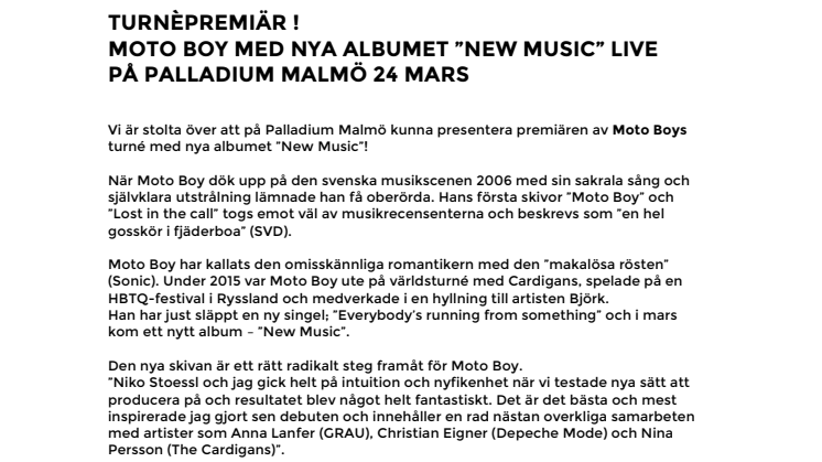 Turnépremiär! Moto Boy med nya albumet "New Music" Live på Palladium Malmö 24 mars