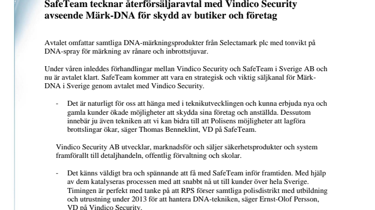 SafeTeam tecknar återförsäljaravtal med Vindico Security avseende Märk-DNA för skydd av butiker och företag
