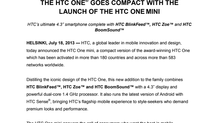 THE HTC ONE GOES COMPACT WITH THE LAUNCH OF THE HTC ONE MINI