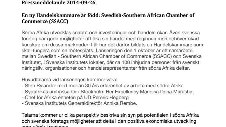 En ny Handelskammare är född: Swedish-Southern African Chamber of Commerce (SSACC)