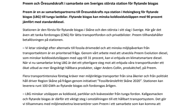 ​​Preem och Öresundskraft i samarbete om Sveriges största station för flytande biogas