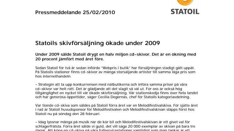 Statoils skivförsäljning ökade under 2009 