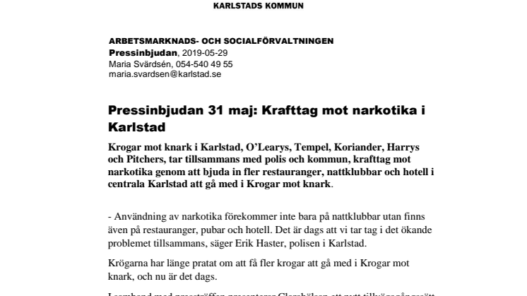 Pressinbjudan 31 maj: Krafttag mot narkotika i Karlstad